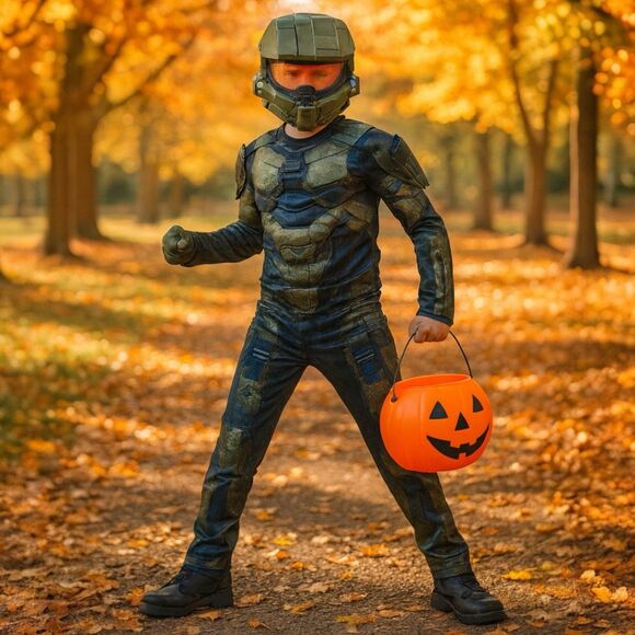 Halo Master Chief Costume Kids M 7+ Green Muscles Gloves Video Game Military - Picture 1 of 15